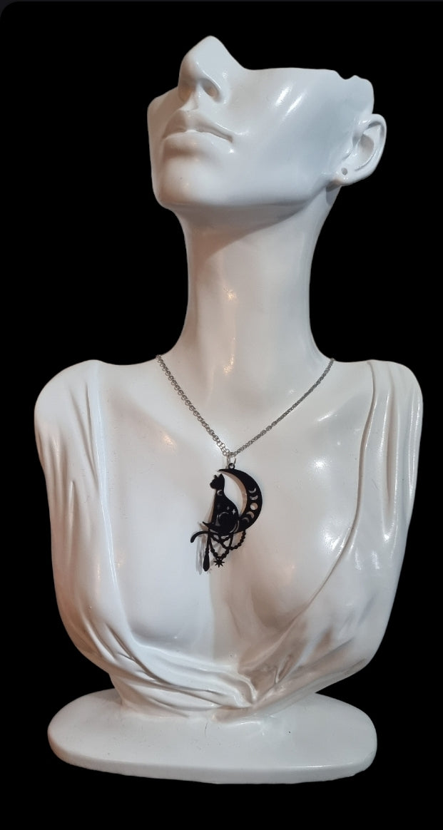 Cat on The Moon Necklace - Black