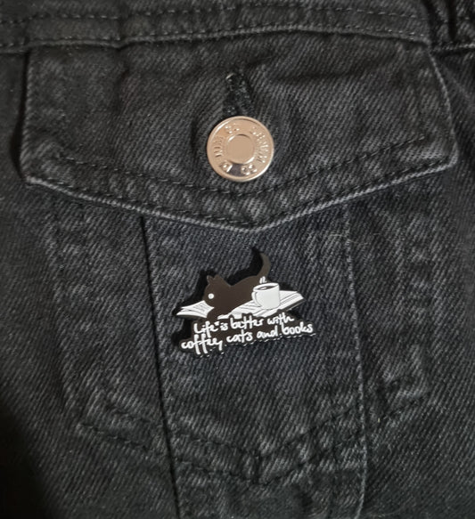 Coffee, Cats and Books Pin Badge