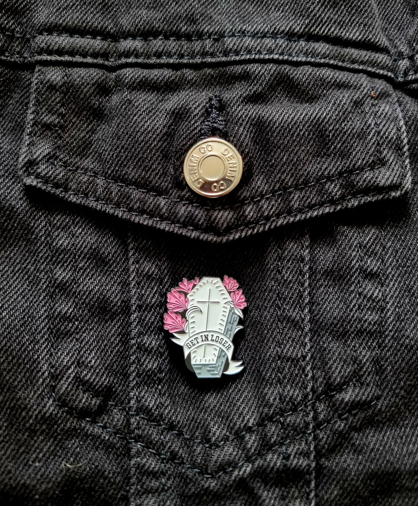 Get In Loser Coffin Pin Badge