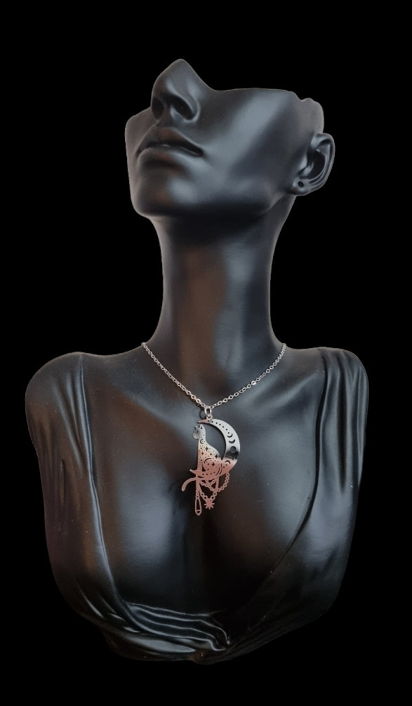 Cat on The Moon Necklace - Silver