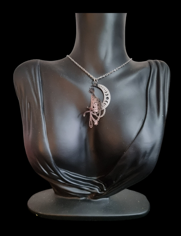 Cat on The Moon Necklace - Silver