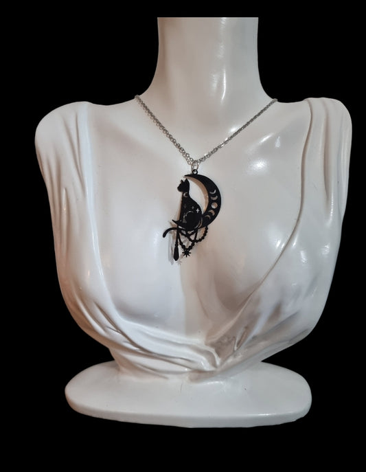 Cat on The Moon Necklace - Black